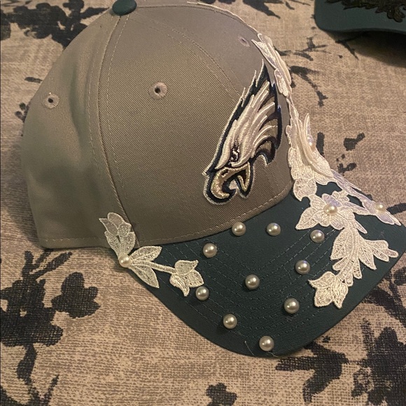 Gray and Black Eagles Cap with Floral Embellishments and pearls main image 5